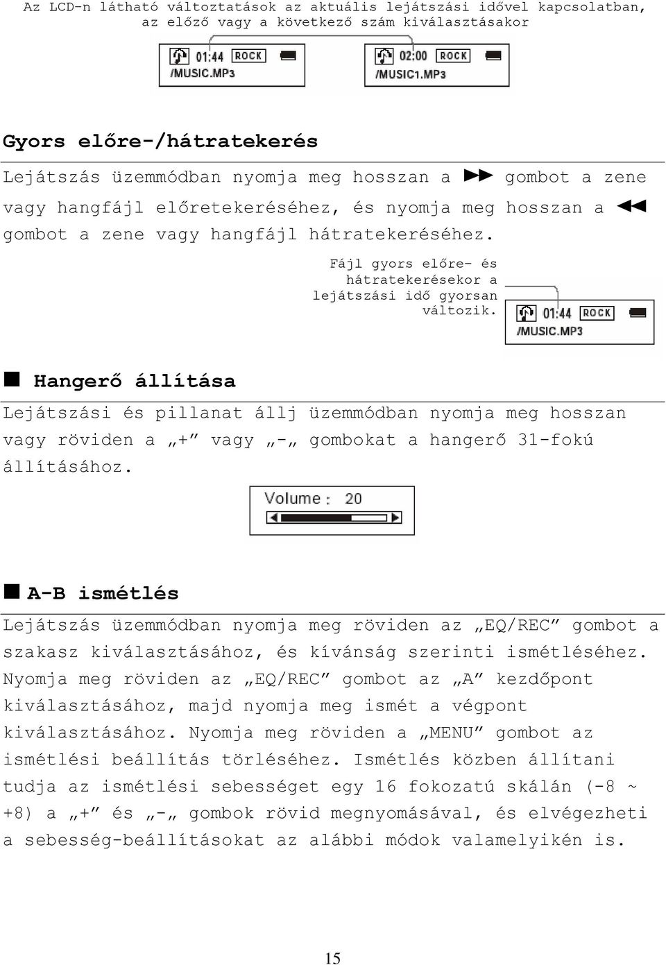 x Hangerő állítása Lejátszási és pillanat állj üzemmódban nyomja meg hosszan vagy röviden a + vagy - gombokat a hangerő 31-fokú állításához.