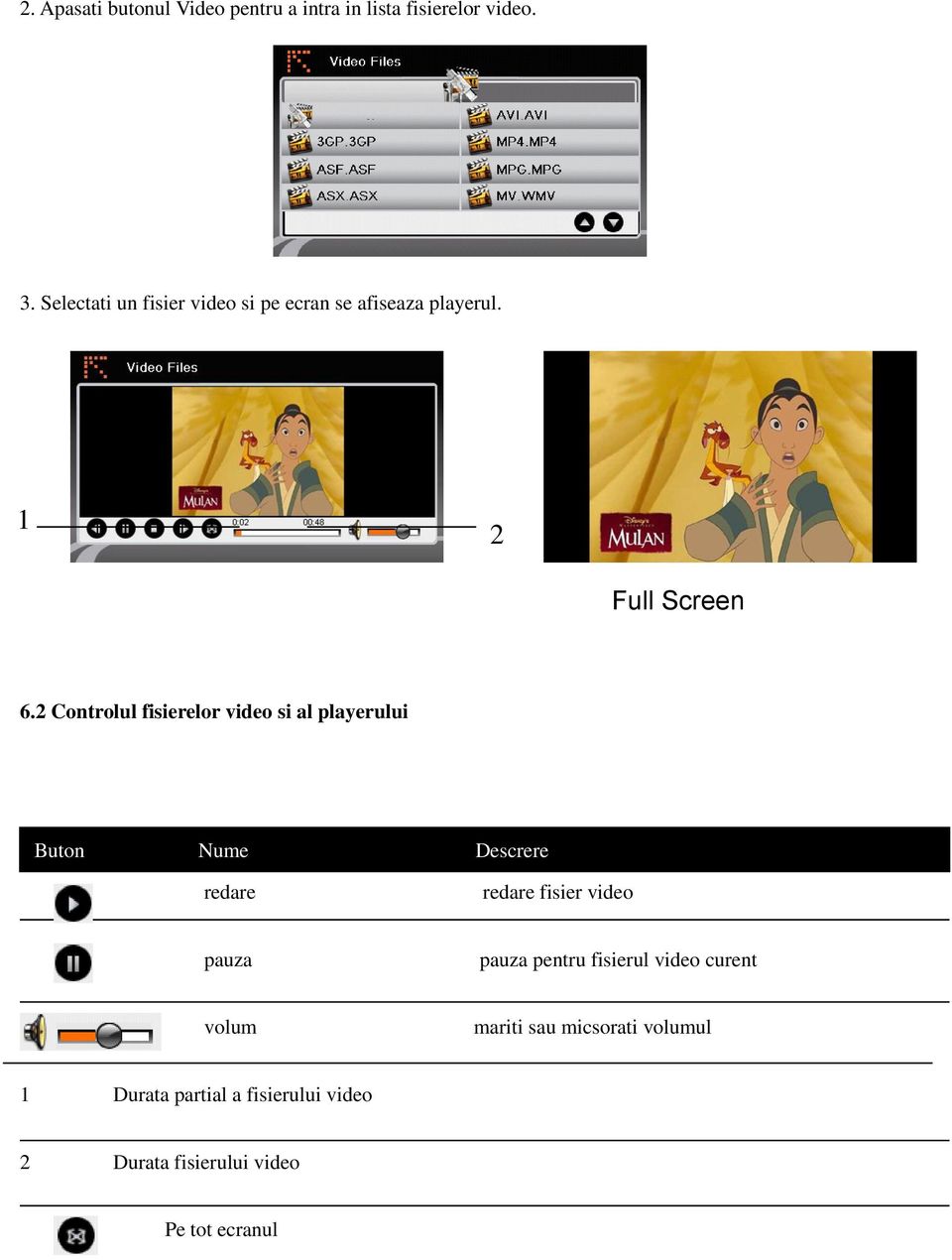 2 Controlul fisierelor video si al playerului Buton Nume Descrere redare redare fisier video pauza