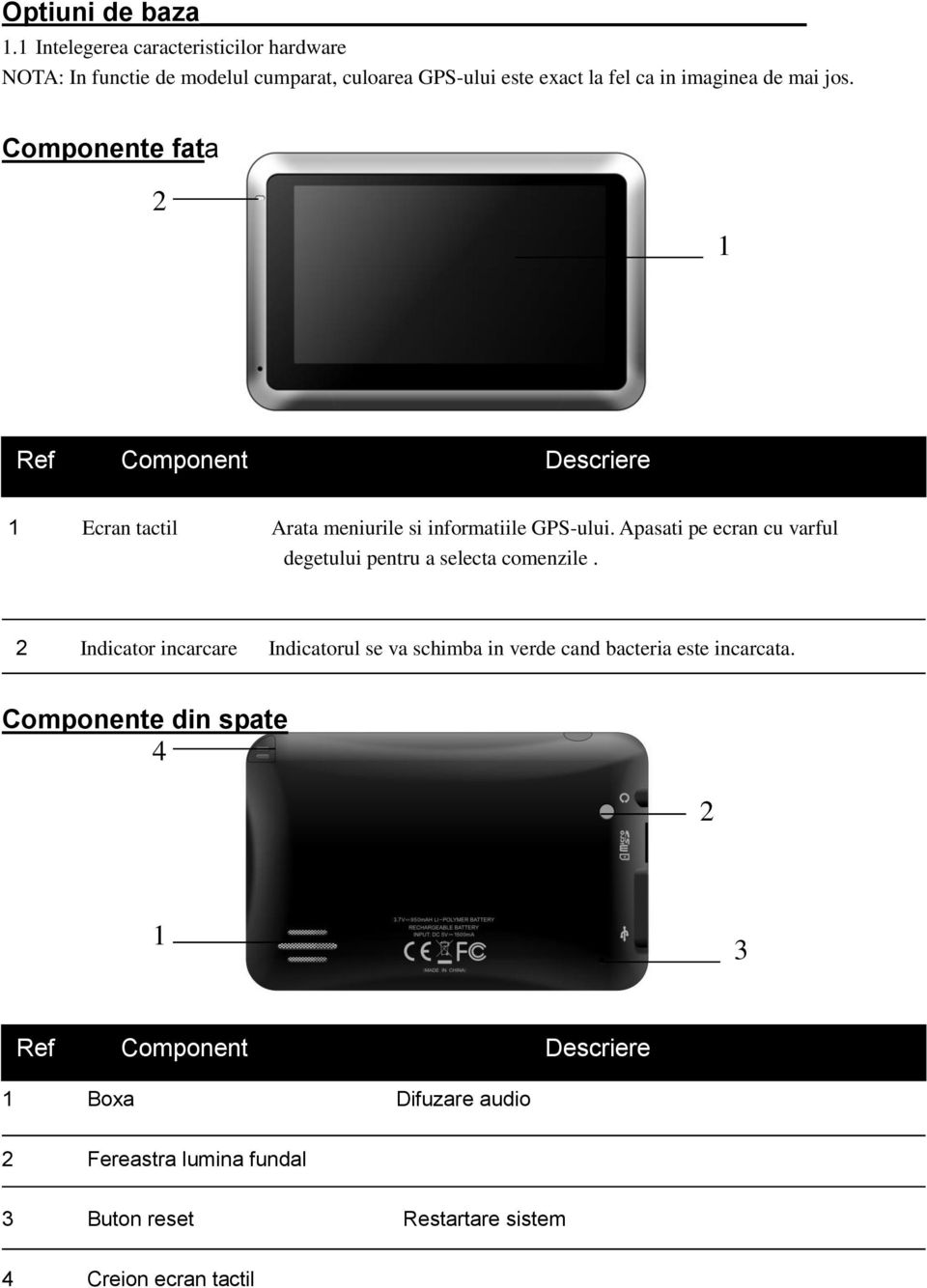 Componente fata 2 1 Ref Component Descriere 1 Ecran tactil Arata meniurile si informatiile GPS-ului.
