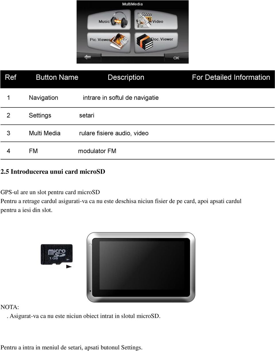5 Introducerea unui card microsd GPS-ul are un slot pentru card microsd Pentru a retrage cardul asigurati-va ca nu este