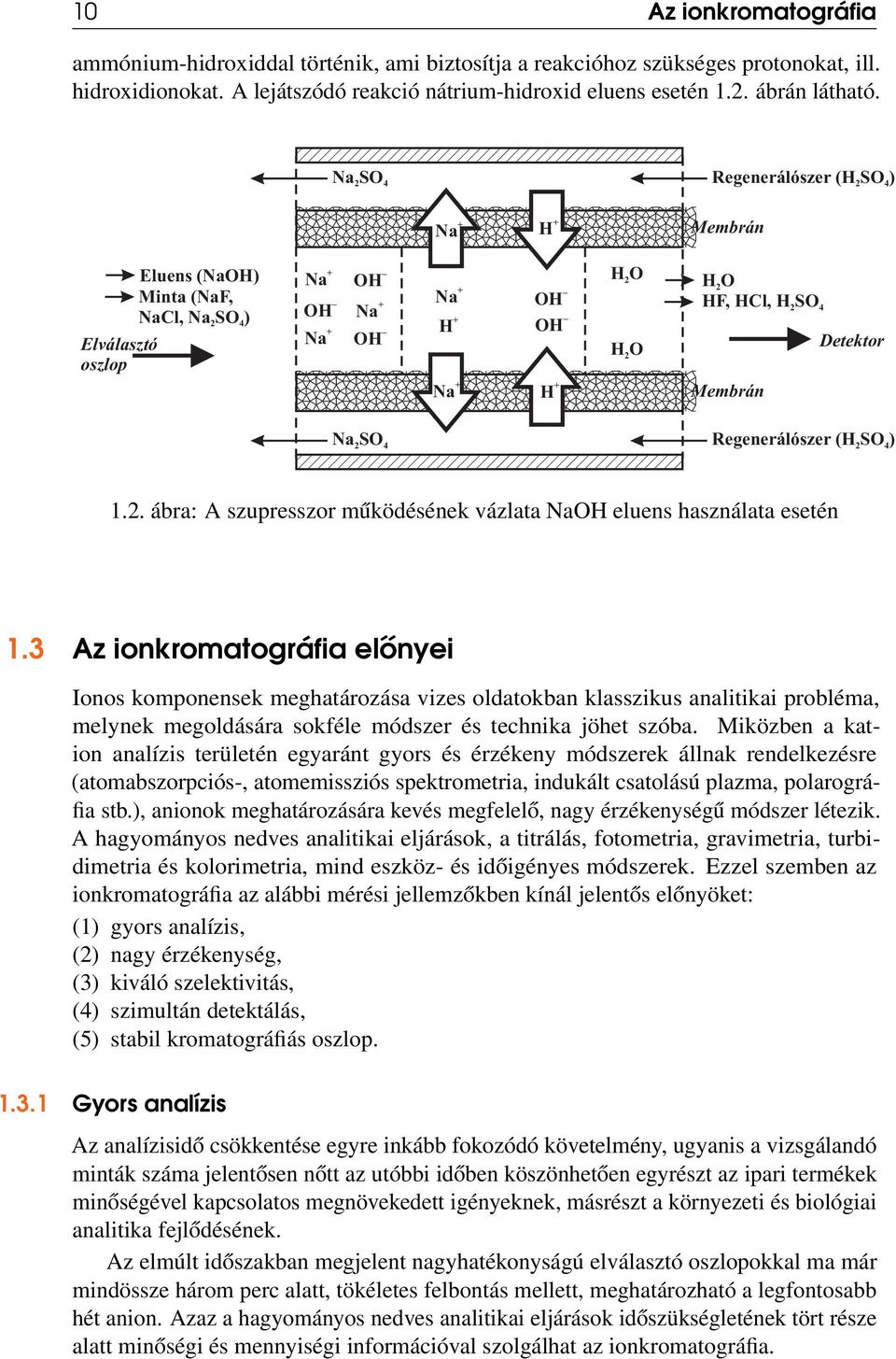 2 H O 2 aaaaaaaaaaaaaaaaaaaa Na + H + Membrán aaaaaaaaaaaaaaaaaaaa Na SO 2 4 H O 2 HF, HCl, H SO 2 4 Detektor Regenerálószer (H SO ) 2 4 1.2. ábra: A szupresszor működésének vázlata NaOH eluens használata esetén 1.