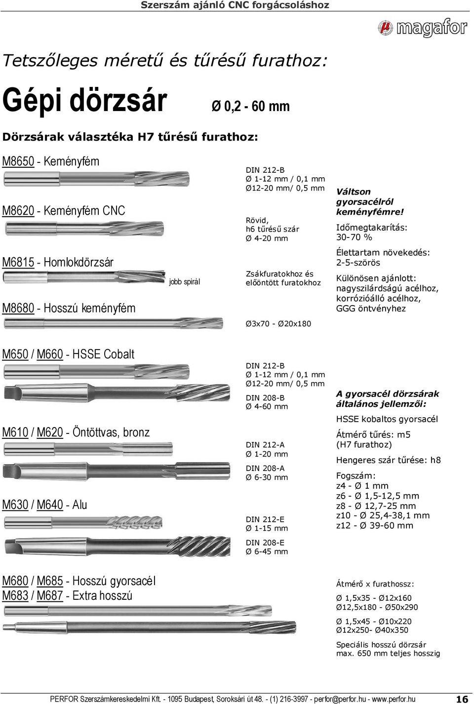 Idımegtakarítás: 3-7 % M6815 - Homlokdörzsár M868 - Hosszú keményfém jobb spirál Zsákfuratokhoz és elıöntött furatokhoz Élettartam növekedés: 2-5-szörös Különösen ajánlott: nagyszilárdságú acélhoz,