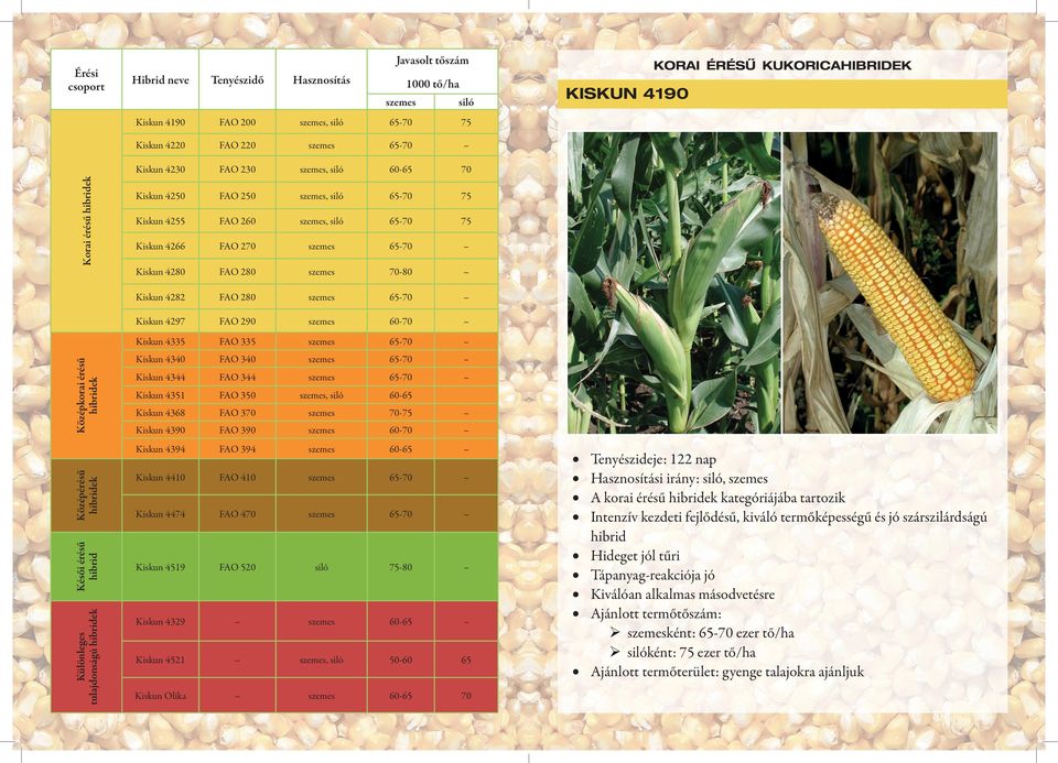 Középkorai érésű hibridek Középérésű hibridek Késői érésű hibrid Különleges tulajdonságú hibridek Kiskun 4282 FAO 280 szemes 65-70 Kiskun 4297 FAO 290 szemes 60-70 Kiskun 4335 FAO 335 szemes 65-70