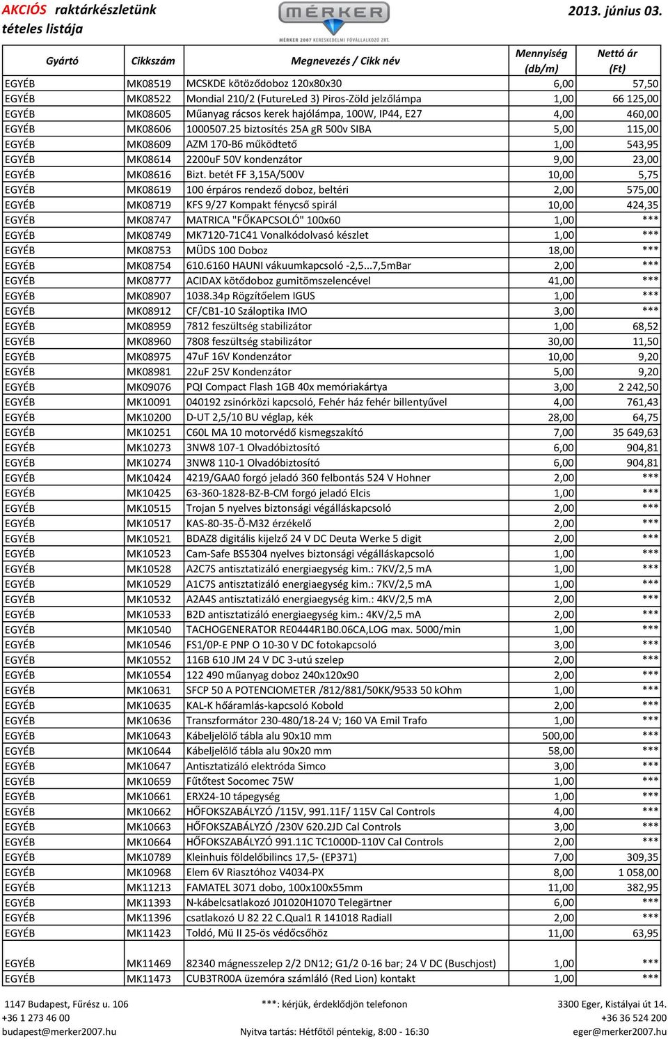 betét FF 3,15A/500V 10,00 5,75 EGYÉB MK08619 100 érpáros rendező doboz, beltéri 2,00 575,00 EGYÉB MK08719 KFS 9/27 Kompakt fénycső spirál 10,00 424,35 EGYÉB MK08747 MATRICA "FŐKAPCSOLÓ" 100x60 1,00