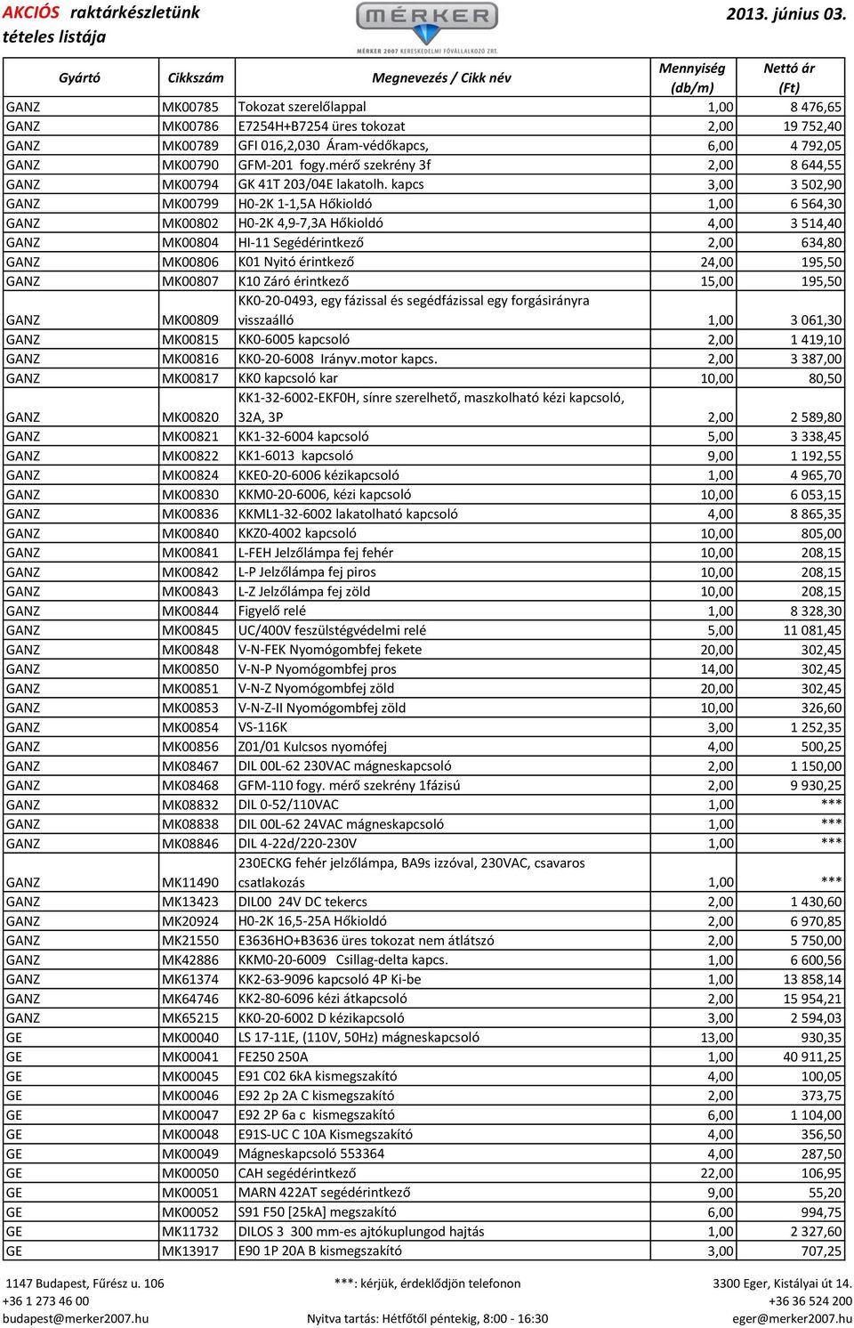 kapcs 3,00 3 502,90 GANZ MK00799 H0-2K 1-1,5A Hőkioldó 1,00 6 564,30 GANZ MK00802 H0-2K 4,9-7,3A Hőkioldó 4,00 3 514,40 GANZ MK00804 HI-11 Segédérintkező 2,00 634,80 GANZ MK00806 K01 Nyitó érintkező