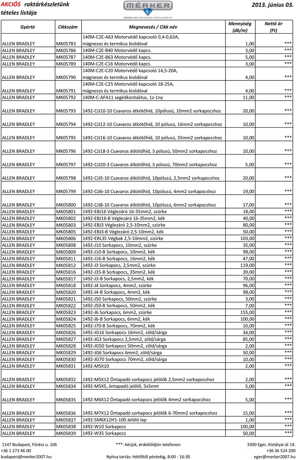 3,00 *** ALLEN BRADLEY MK05790 140M-C2E-C20 Motorvédő kapcsoló 14,5-20A, mágneses és termikus kioldóval 4,00 *** ALLEN BRADLEY MK05791 140M-C2E-C25 Motorvédő kapcsoló 18-25A, mágneses és termikus