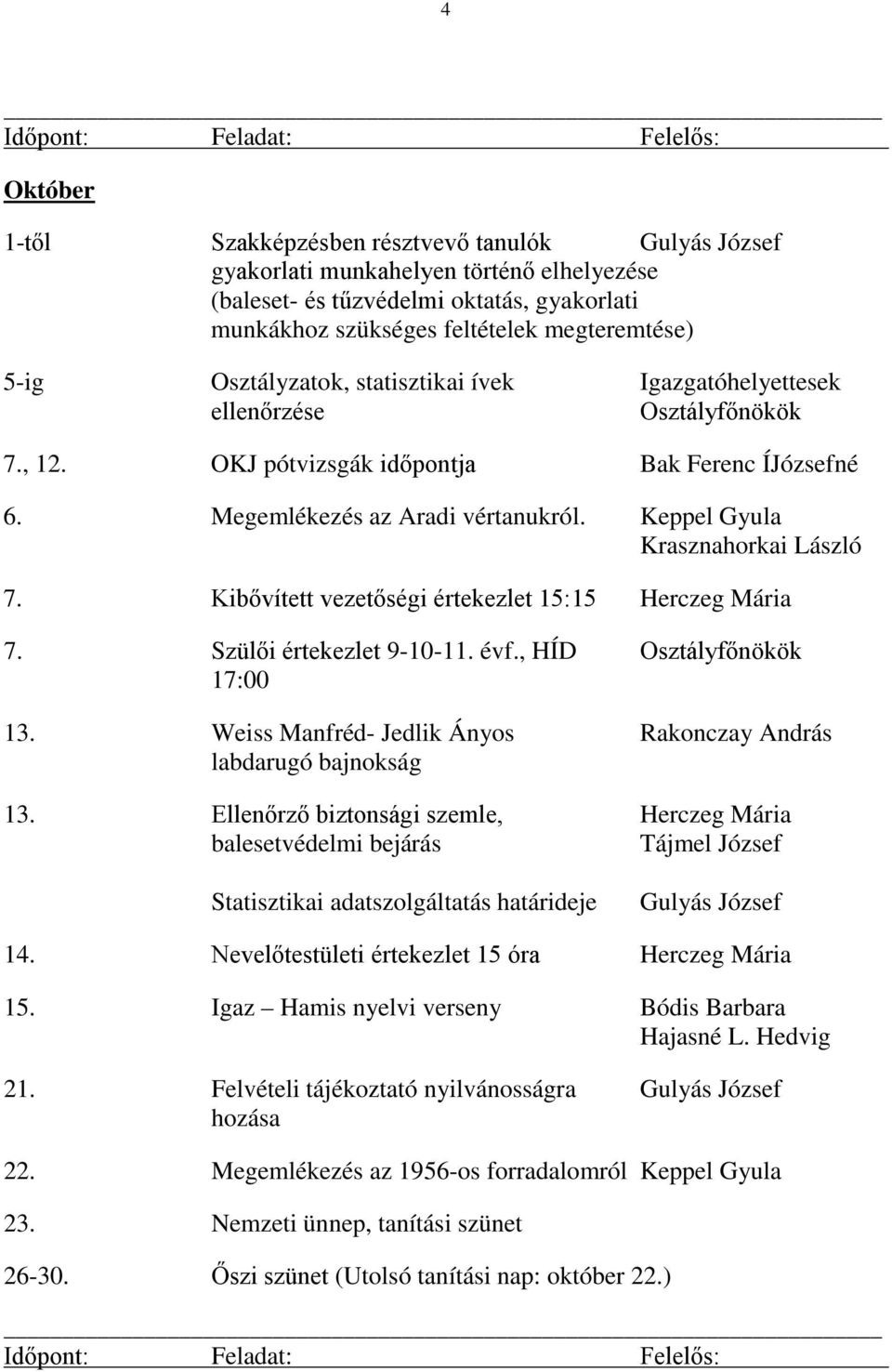 Kibővített vezetőségi értekezlet 15:15 Herczeg Mária 7. Szülői értekezlet 9-10-11. évf., HÍD 17:00 13. Weiss Manfréd- Jedlik Ányos Rakonczay András labdarugó bajnokság 13.