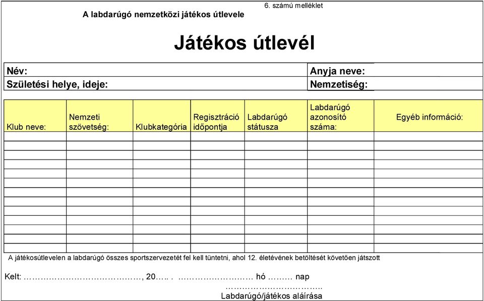 szövetség: Klubkategória Regisztráció időpontja Labdarúgó státusza Labdarúgó azonosító száma: Egyéb