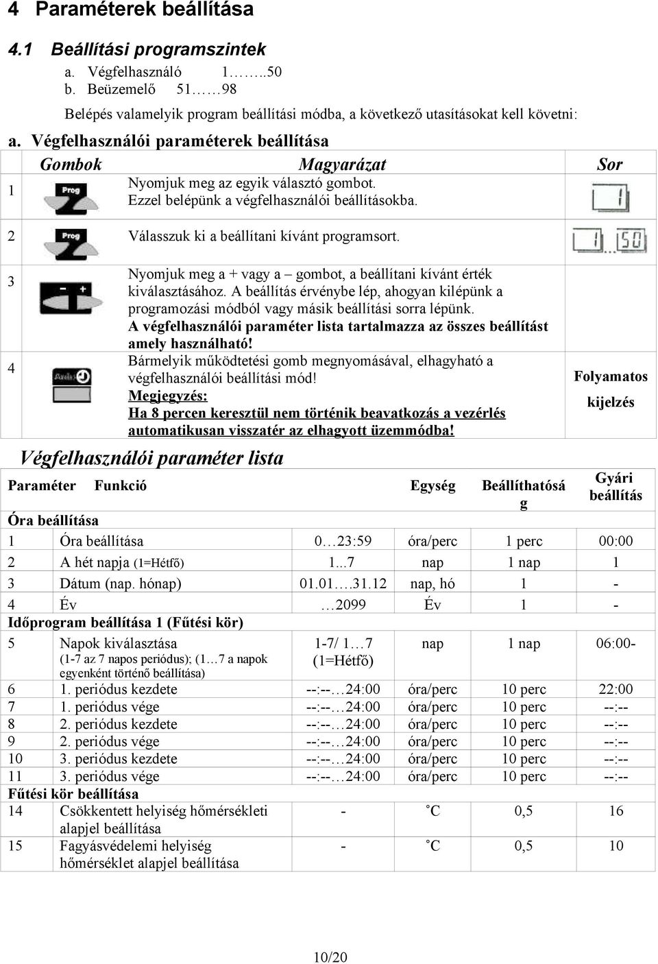 3 4 Nyomjuk meg a + vagy a gombot, a beállítani kívánt érték kiválasztásához. A beállítás érvénybe lép, ahogyan kilépünk a programozási módból vagy másik beállítási sorra lépünk.