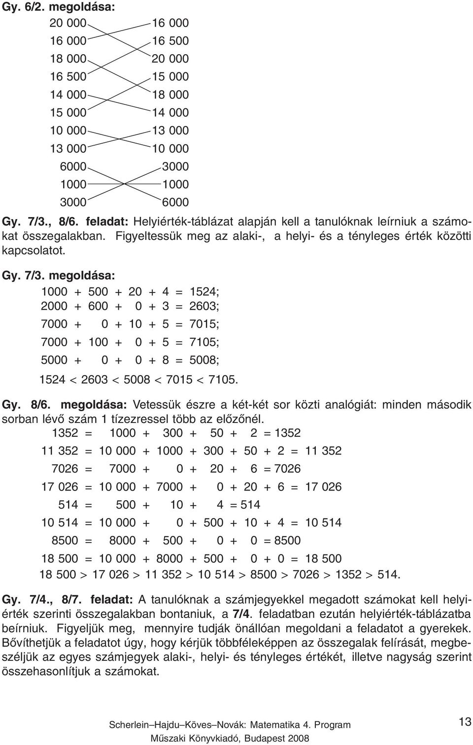 megoldása: 1000 + 500 + 20 + 4 = 1524; 2000 + 600 + 0 + 3 = 2603; 7000 + 0 + 10 + 5 = 7015; 7000 + 100 + 0 + 5 = 7105; 5000 + 0 + 0 + 8 = 5008; 1524 < 2603 < 5008 < 7015 < 7105. Gy. 8/6.