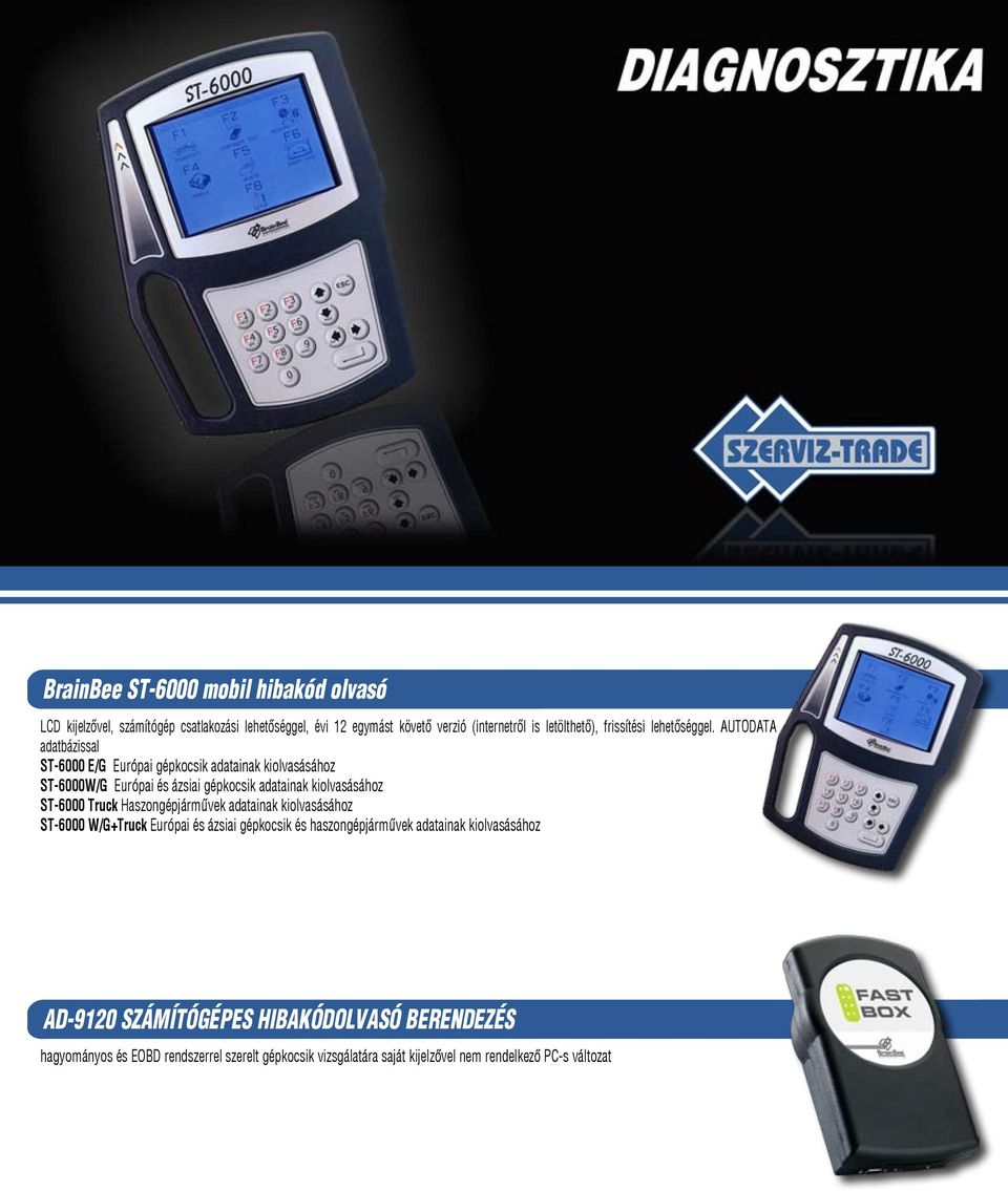 AUTODATA adatbázissal ST-6000 E/G Európai gépkocsik adatainak kiolvasásához ST-6000W/G Európai és ázsiai gépkocsik adatainak kiolvasásához ST-6000 Truck