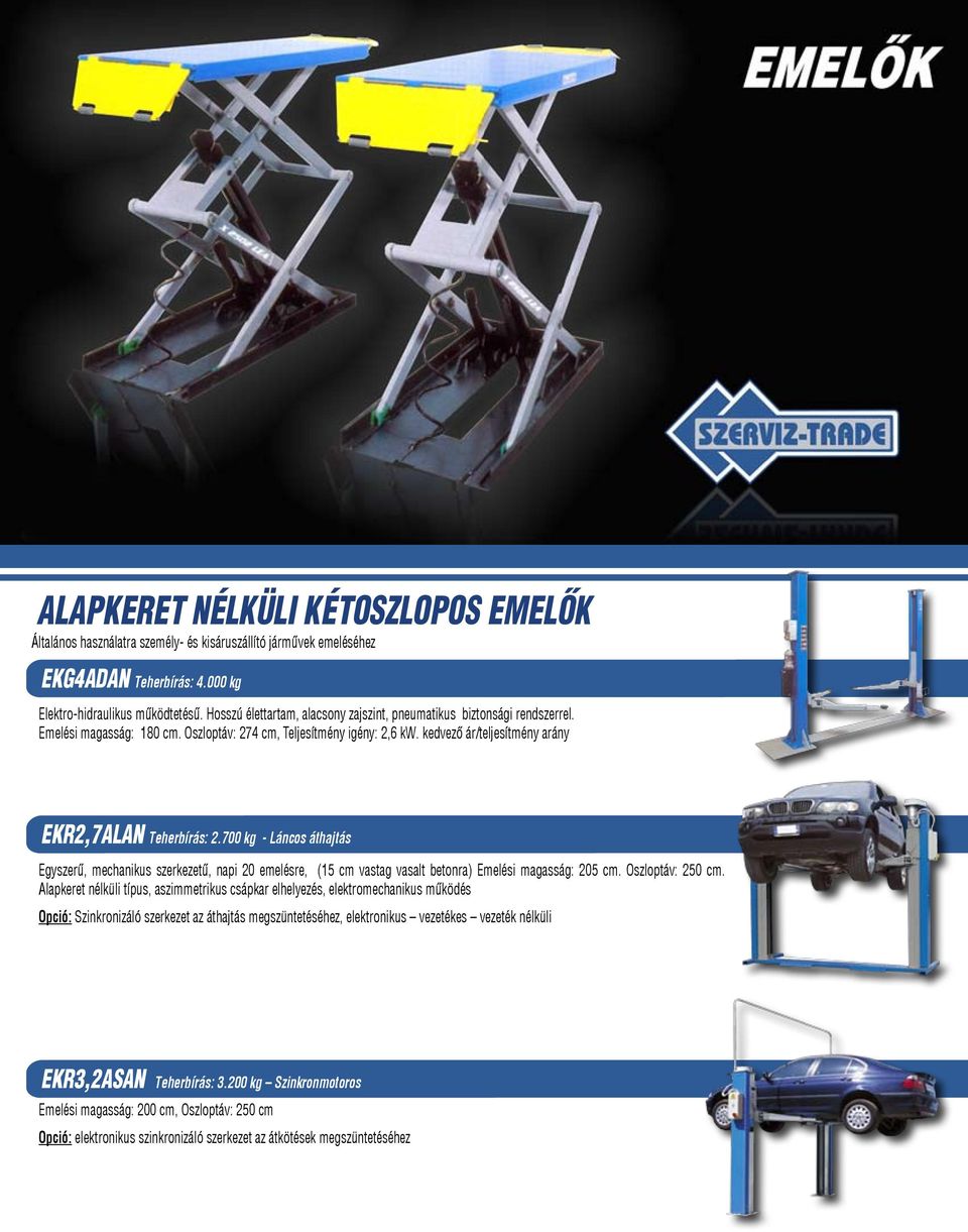 kedvező ár/teljesítmény arány EKR2,7ALAN Teherbírás: 2.700 kg - Láncos áthajtás Egyszerű, mechanikus szerkezetű, napi 20 emelésre, (15 cm vastag vasalt betonra) Emelési magasság: 205 cm.