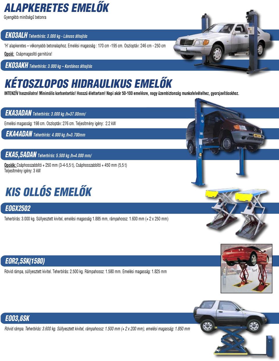 Napi akár 50-100 emelésre, nagy üzembiztonság munkafelvételhez, gyorsjavításokhoz. EKA3ADAN Teherbírás: 3.000 kg /h=37.00mm/ Emelési magasság: 198 cm. Oszloptáv: 276 cm. Teljesítmény igény: 2.