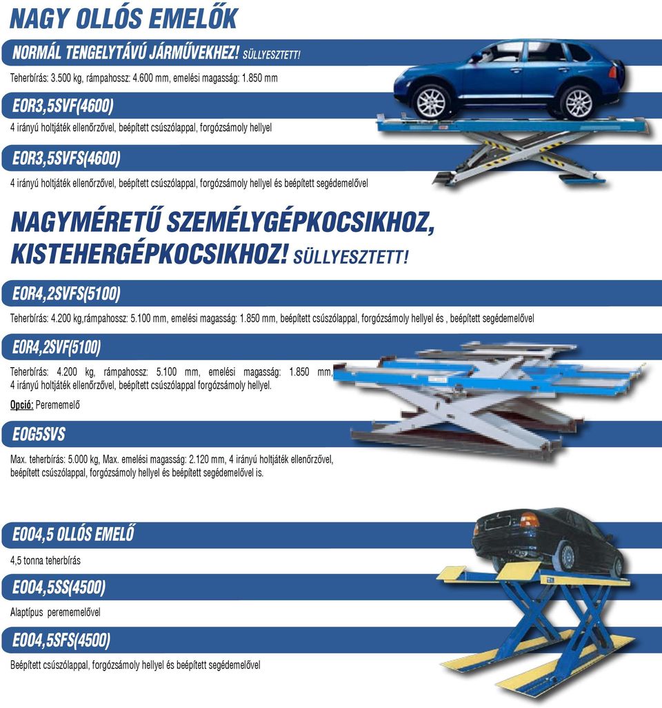 beépített segédemelővel Nagyméretű személygépkocsikhoz, Kistehergépkocsikhoz! SÜLLYESZTETT! EOR4,2SVFS(5100) Teherbírás: 4.200 kg,rámpahossz: 5.100 mm, emelési magasság: 1.