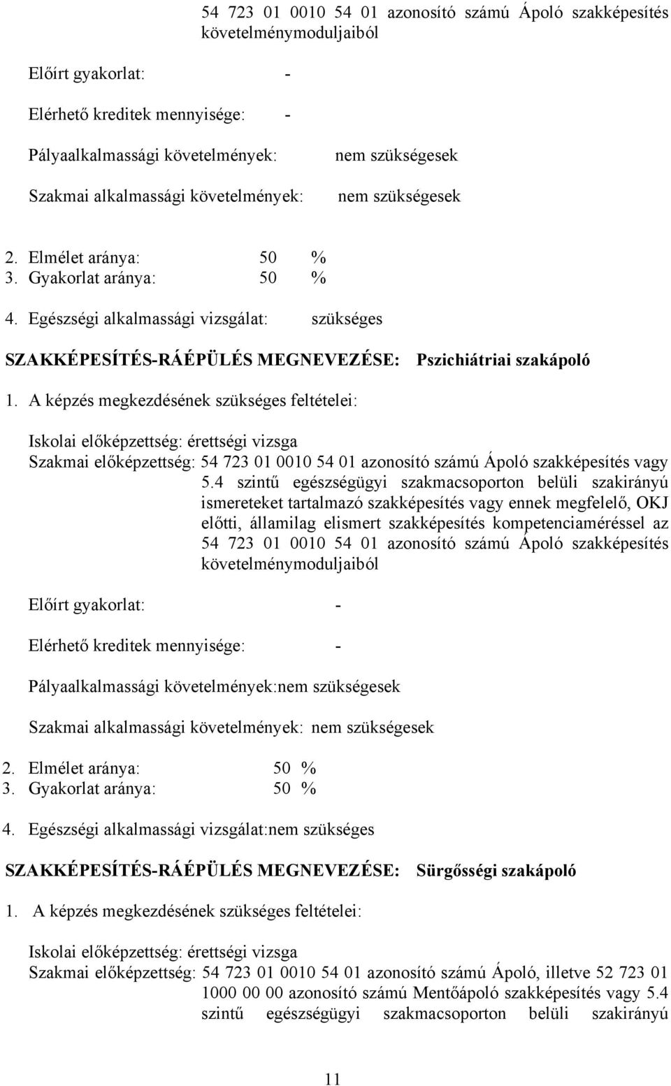 Egészségi alkalmassági vizsgálat: szükséges SZKKÉPESÍTÉS-RÁÉPÜLÉS MEGNEVEZÉSE: Pszichiátriai szakápoló 1.