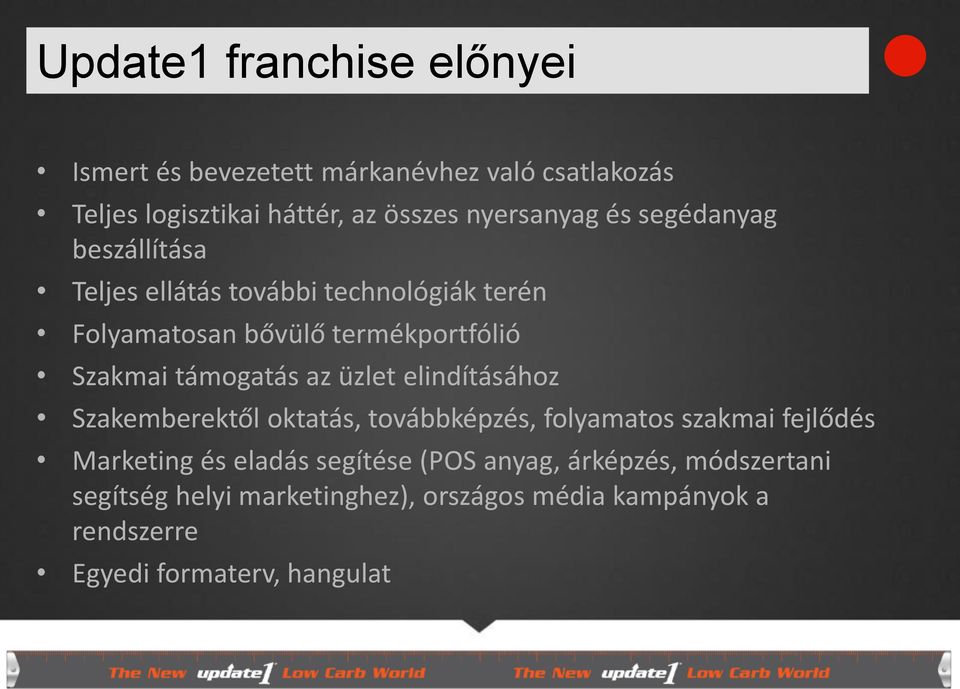 az üzlet elindításához Szakemberektől oktatás, továbbképzés, folyamatos szakmai fejlődés Marketing és eladás segítése (POS