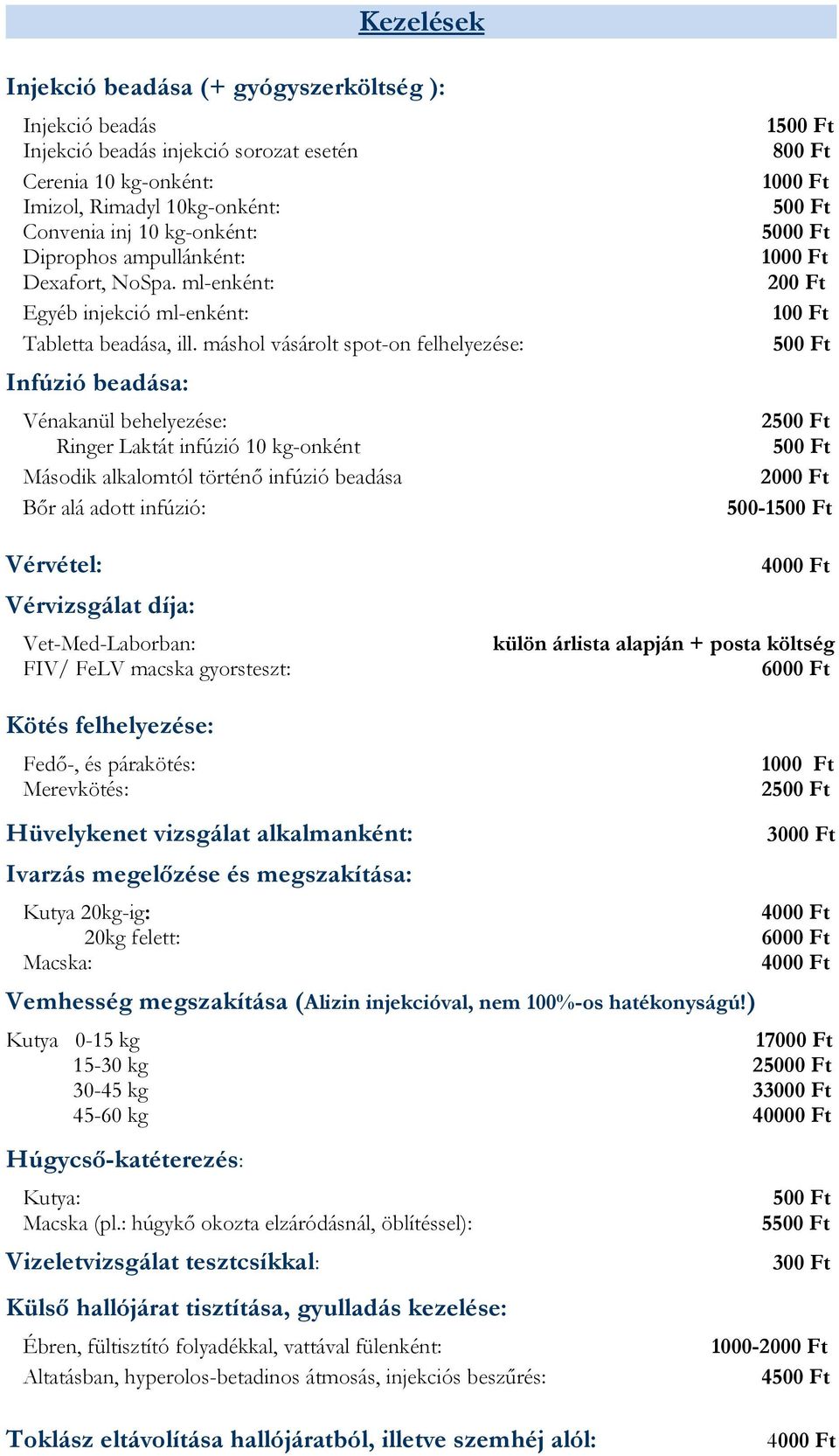 máshol vásárolt spot-on felhelyezése: 500 Ft Infúzió beadása: Vénakanül behelyezése: 2500 Ft Ringer Laktát infúzió 10 kg-onként 500 Ft Második alkalomtól történő infúzió beadása 2000 Ft Bőr alá adott