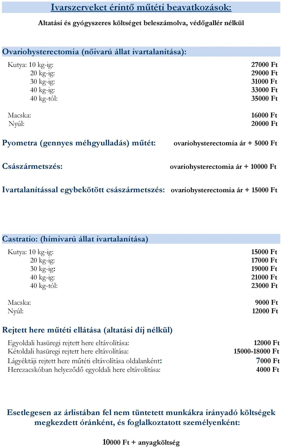 egybekötött császármetszés: ovariohysterectomia ár + 1 Castratio: (hímivarú állat ivartalanítása) Kutya: 10 kg-ig: 1 20 kg-ig: 1 30 kg-ig: 19000 Ft 40 kg-ig: 2 40 kg-tól: 23000 Ft 9000 Ft Nyúl: 12000