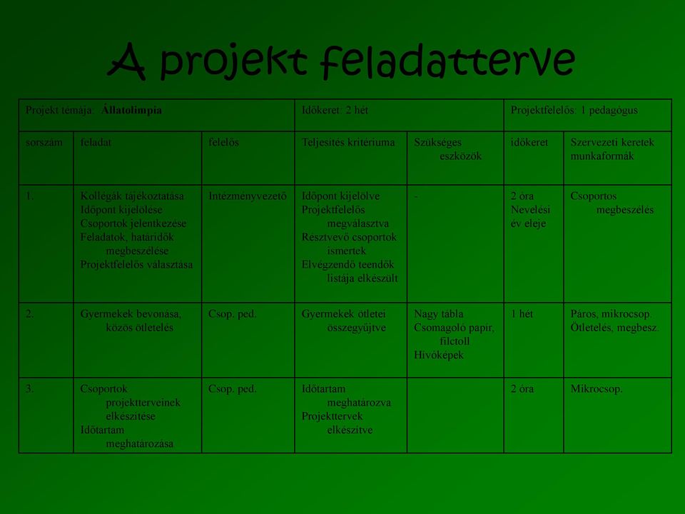 Kollégák tájékoztatása Időpont kijelölése Csoportok jelentkezése Feladatok, határidők megbeszélése Projektfelelős választása Intézményvezető Időpont kijelölve Projektfelelős megválasztva Résztvevő