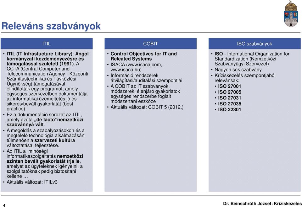 informatikai üzemeltetés jó és sikeres/bevált gyakorlatát (best practice). Ez a dokumentáció sorozat az ITIL, amely azóta de facto nemzetközi szabvánnyá vált.