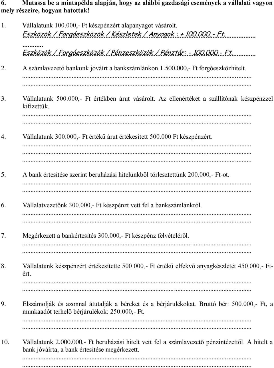 000,- Ft forgóeszközhitelt. 3. Vállalatunk 500.000,- Ft értékben árut vásárolt. Az ellenértéket a szállítónak készpénzzel kifizettük. 4. Vállalatunk 300.000,- Ft értékű árut értékesített 500.