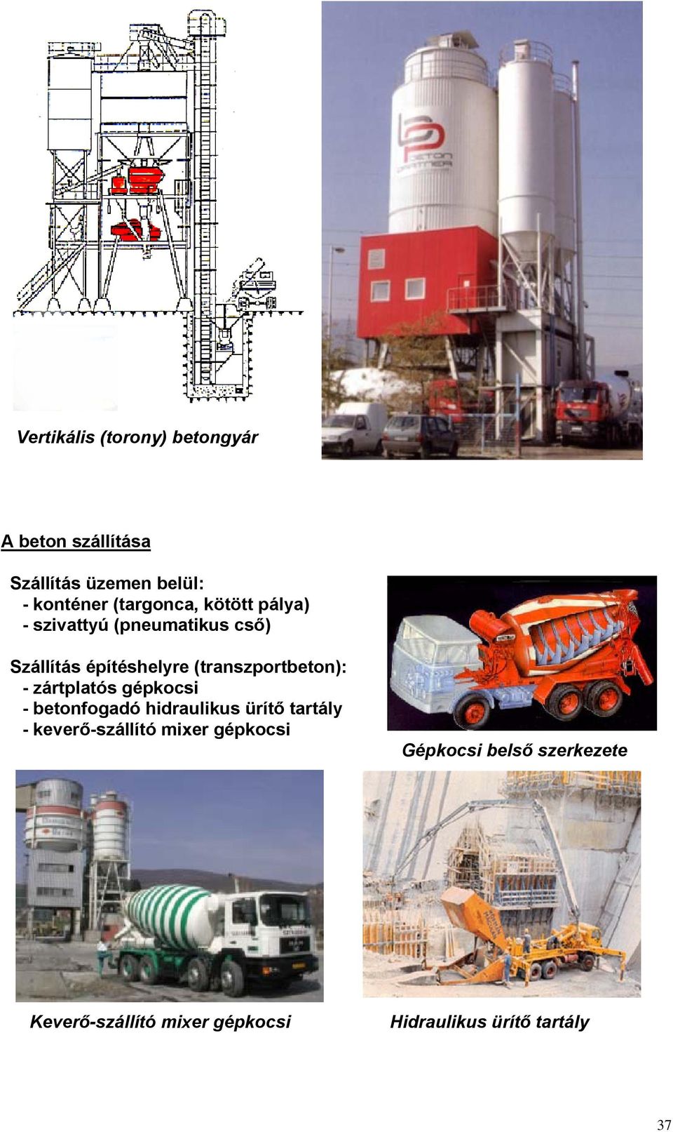 (transzportbeton): - zártplatós gépkocsi - betonfogadó hidraulikus ürítő tartály -