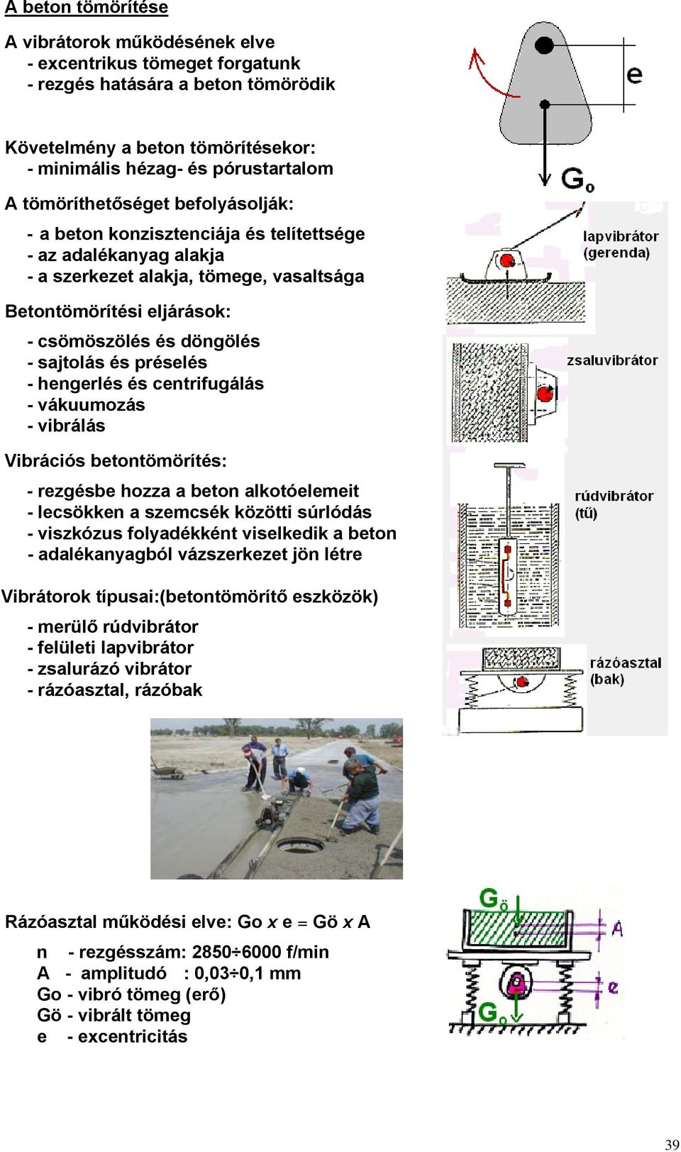 sajtolás és préselés - hengerlés és centrifugálás - vákuumozás - vibrálás Vibrációs betontömörítés: - rezgésbe hozza a beton alkotóelemeit - lecsökken a szemcsék közötti súrlódás - viszkózus