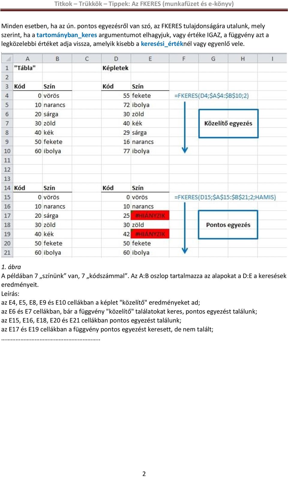 értéket adja vissza, amelyik kisebb a keresési_értéknél vagy egyenlő vele. 1. ábra A példában 7 színünk van, 7 kódszámmal.