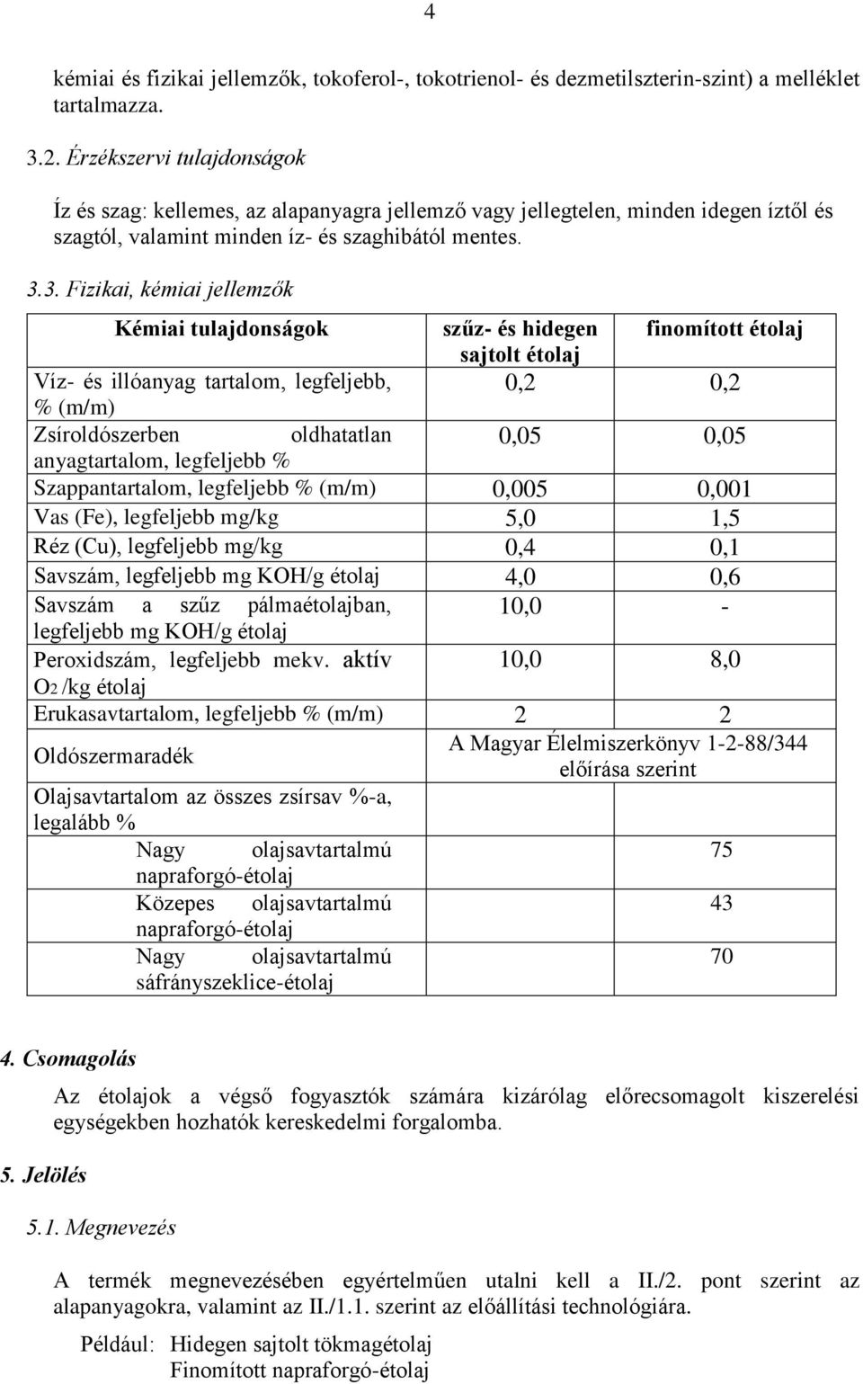 3. Fizikai, kémiai jellemzők Kémiai tulajdonságok szűz- és hidegen finomított étolaj sajtolt étolaj Víz- és illóanyag tartalom, legfeljebb, 0,2 0,2 % (m/m) Zsíroldószerben oldhatatlan 0,05 0,05