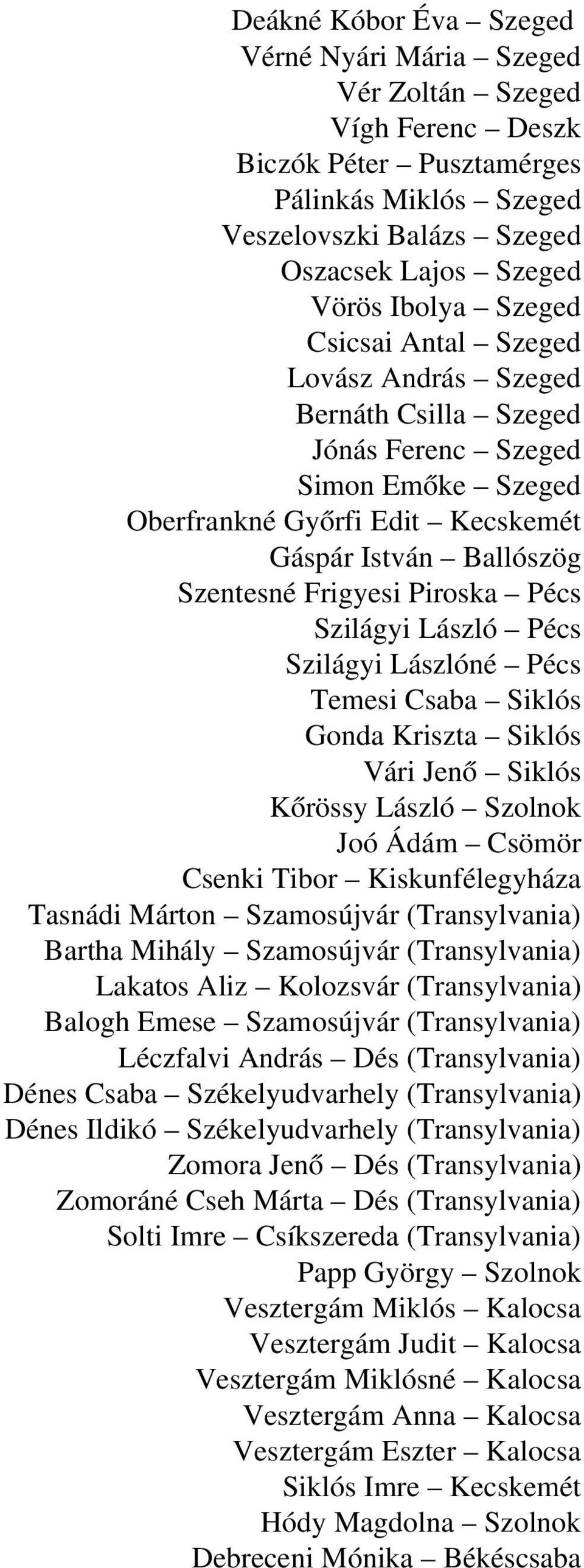 Szilágyi László Pécs Szilágyi Lászlóné Pécs Temesi Csaba Siklós Gonda Kriszta Siklós Vári Jen ő Siklós Kőrössy László Szolnok Joó Ádám Csömör Csenki Tibor Kiskunfélegyháza Tasnádi Márton Szamosújvár