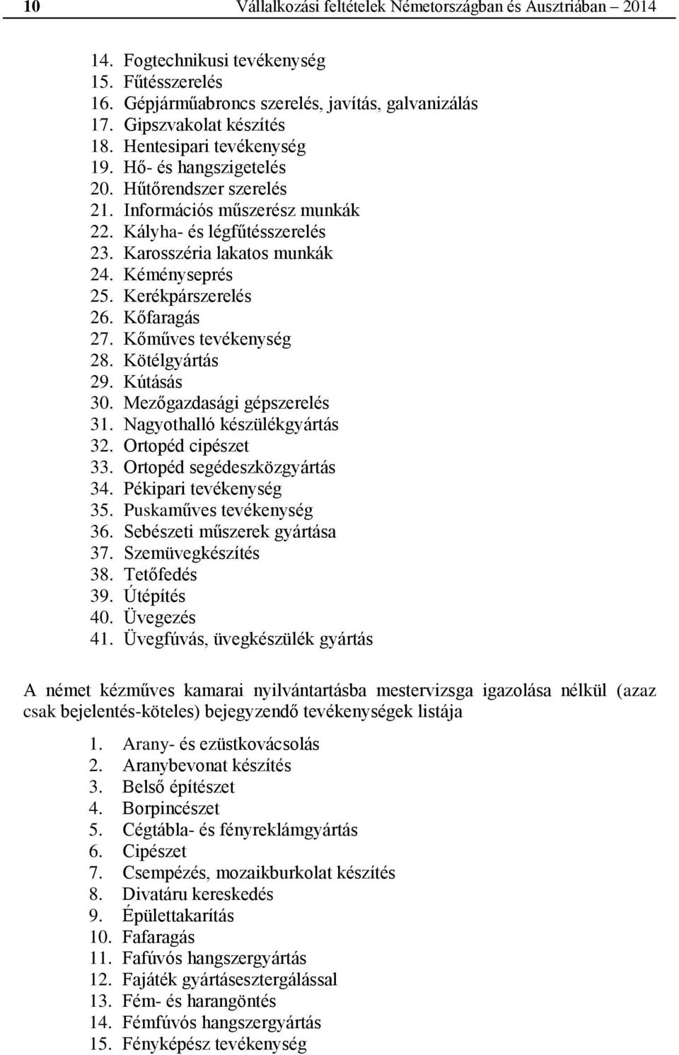 Kerékpárszerelés 26. Kőfaragás 27. Kőműves tevékenység 28. Kötélgyártás 29. Kútásás 30. Mezőgazdasági gépszerelés 31. Nagyothalló készülékgyártás 32. Ortopéd cipészet 33.
