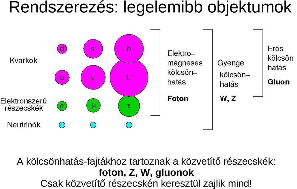 közvetítő részecskék: foton, Z, W,