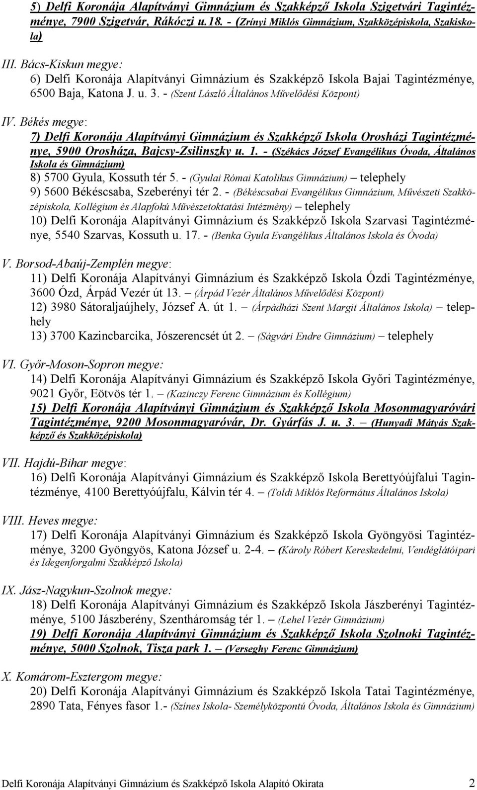 Békés megye: 7) Delfi Koronája Alapítványi Gimnázium és Szakképző Iskola Orosházi Tagintézménye, 5900 Orosháza, Bajcsy-Zsilinszky u. 1.