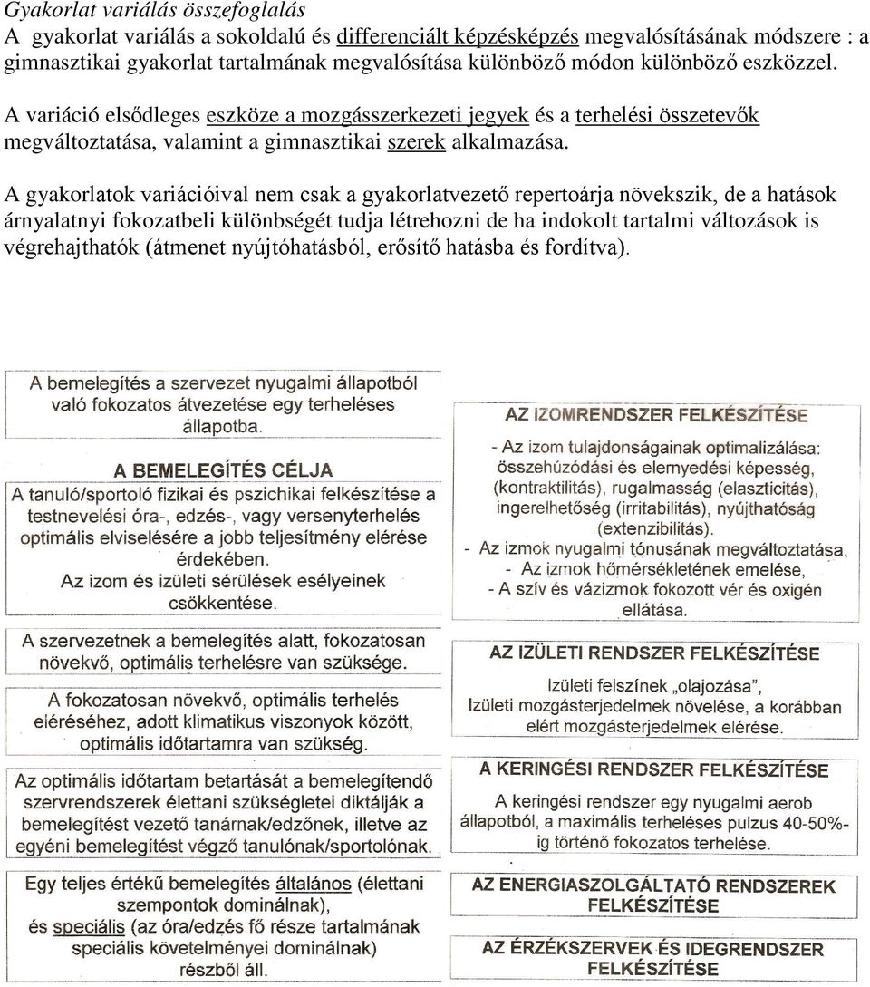 A variáció elsődleges eszköze a mozgásszerkezeti jegyek és a terhelési összetevők megváltoztatása, valamint a gimnasztikai szerek alkalmazása.