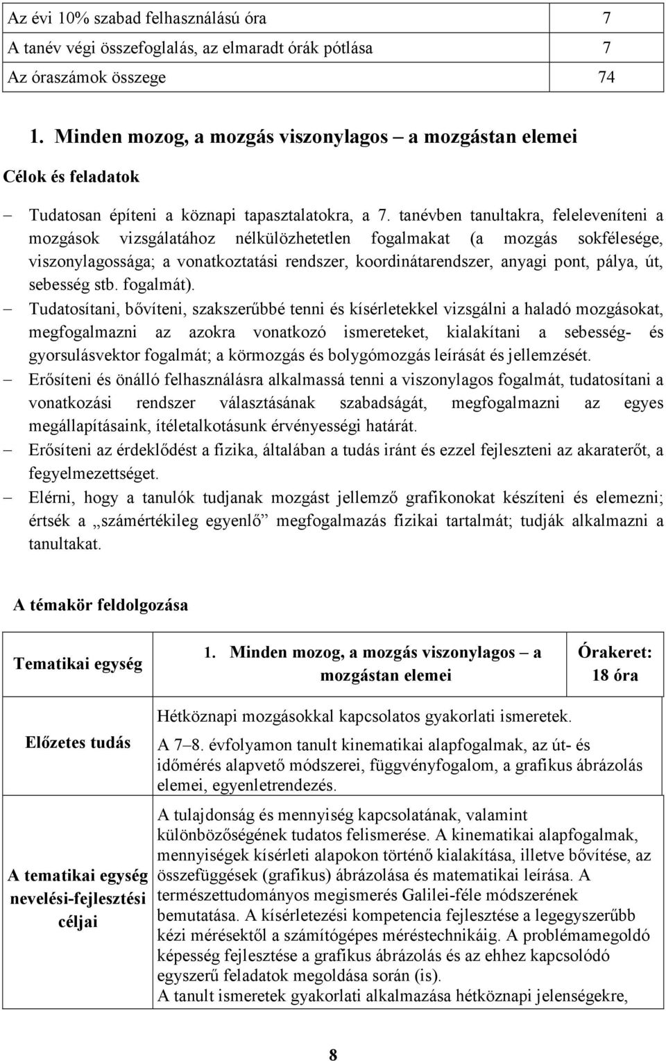 tanévben tanultakra, feleleveníteni a mozgások vizsgálatához nélkülözhetetlen fogalmakat (a mozgás sokfélesége, viszonylagossága; a vonatkoztatási rendszer, koordinátarendszer, anyagi pont, pálya,