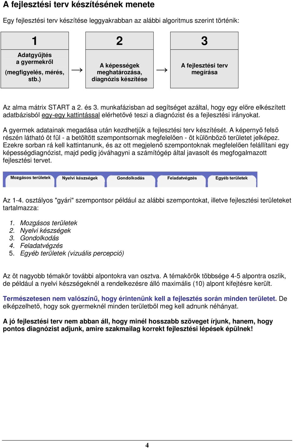 munkafázisban ad segítséget azáltal, hogy egy előre elkészített adatbázisból egy-egy kattintással elérhetővé teszi a diagnózist és a fejlesztési irányokat.