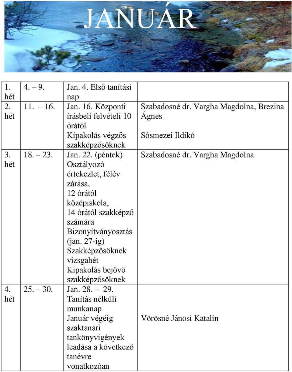 27-ig) Szakképzősöknek vizsga Kipakolás bejövő szakképzősöknek 25. 30. Jan. 28. 29.