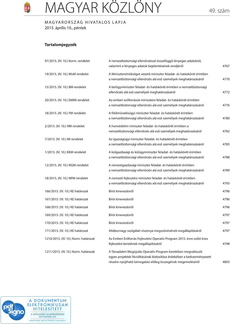 ) MvM rendelet A Miniszterelnökséget vezető miniszter feladat- és hatáskörét érintően a nemzetbiztonsági ellenőrzés alá eső személyek meghatározásáról 4770 15/2015. (IV. 10.