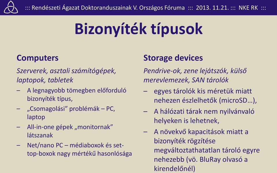 Pendrive-ok, zene lejátszók, külső merevlemezek, SAN tárolók egyes tárolók kis méretük miatt nehezen észlelhetők (microsd ), A hálózati tárak nem