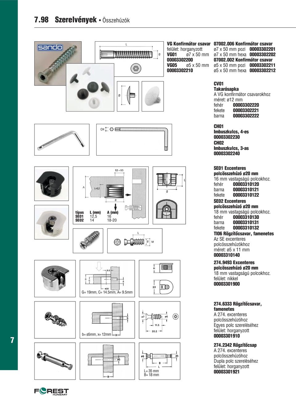 Imbuszkulcs, 4-es 00003302230 CH02 Imbuszkulcs, 3-as 00003302240 típus L (mm) A (mm) SE01 12,5 16 SE02 14 18-20 SE01 Excenteres polcösszehúzó ø20 mm 16 mm vastagságú polcokhoz.