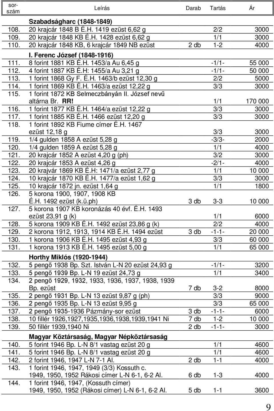 H: 1455/a Au 3,21 g -1/1-50 000 113. 1 forint 1868 Gy F. É.H. 1463/b ezüst 12,30 g 2/2 5000 114. 1 forint 1869 KB É.H. 1463/a ezüst 12,22 g 3/3 3000 115. 1 forint 1872 KB Selmeczbányán II.