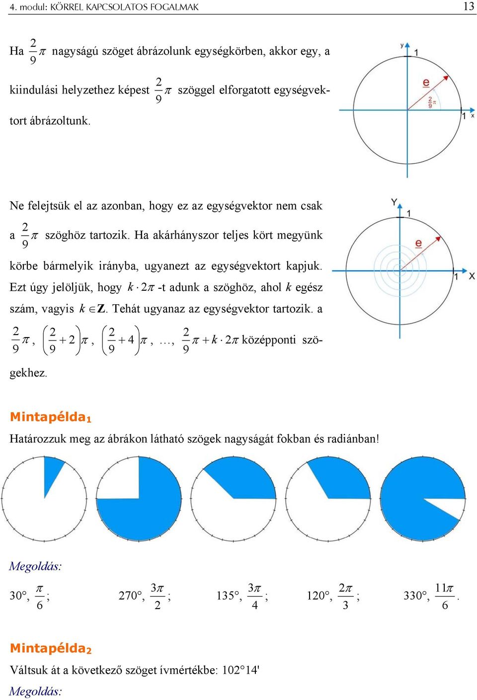 Ezt úgy jelöljük, hogy szám, vagyis k π -t adunk a szöghöz, ahol k egész k Z. Tehát ugyanaz az egységvektor tartozik. a π, + π, + 4 π,, π + k π középponti szögekhez.