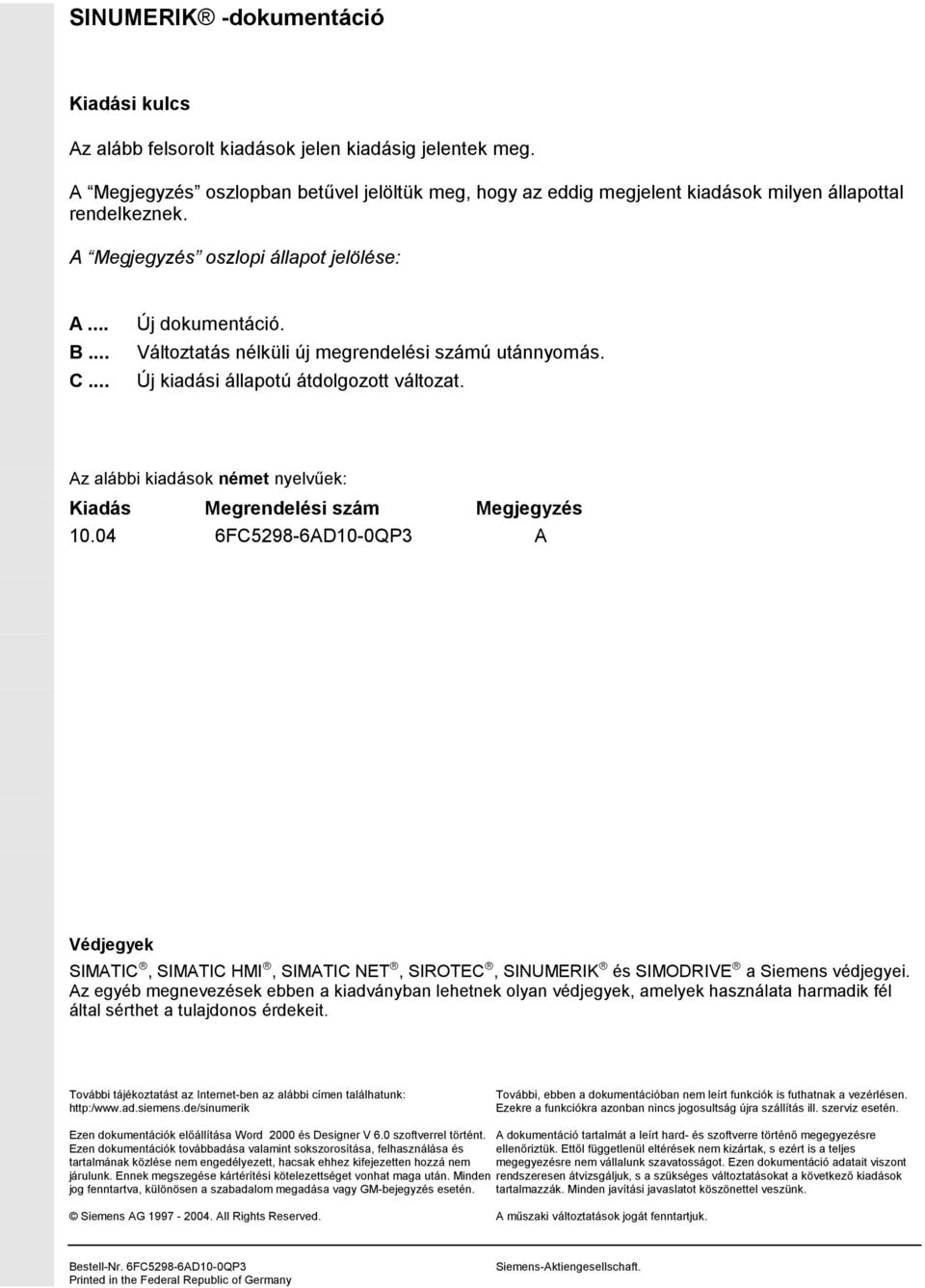 Változtatás nélküli új megrendelési számú utánnyomás. Új kiadási állapotú átdolgozott változat. Az alábbi kiadások német nyelvűek: Kiadás Megrendelési szám Megjegyzés 10.
