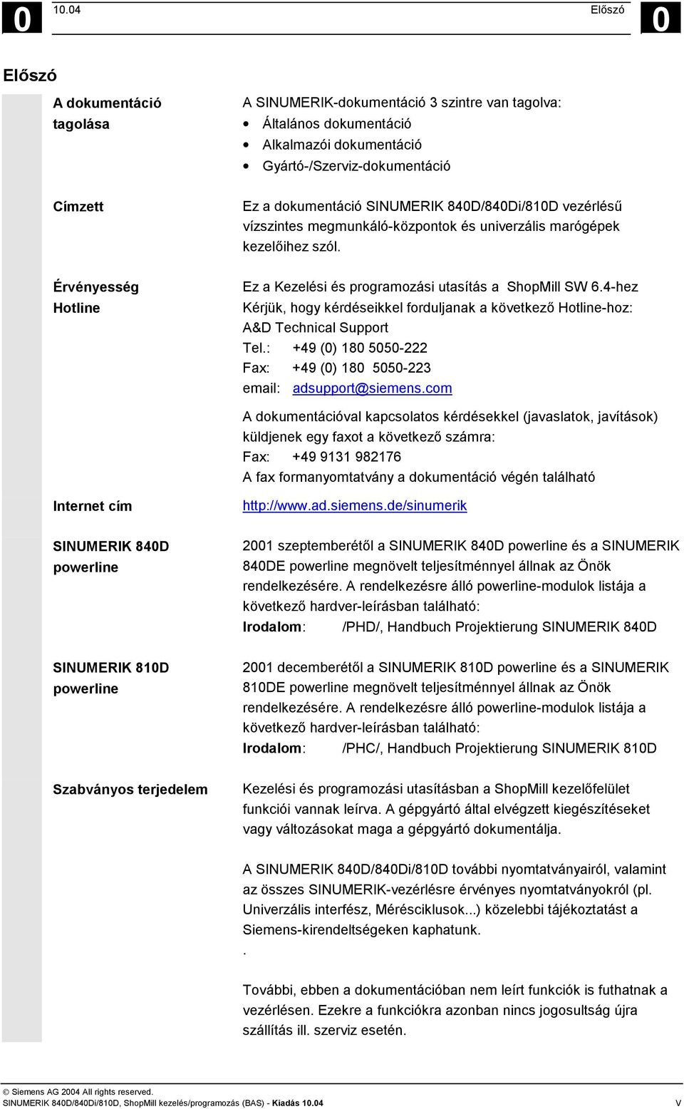 4-hez Kérjük, hogy kérdéseikkel forduljanak a következő Hotline-hoz: A&D Technical Support Tel.: +49 (0) 180 5050-222 Fax: +49 (0) 180 5050-223 email: adsupport@siemens.