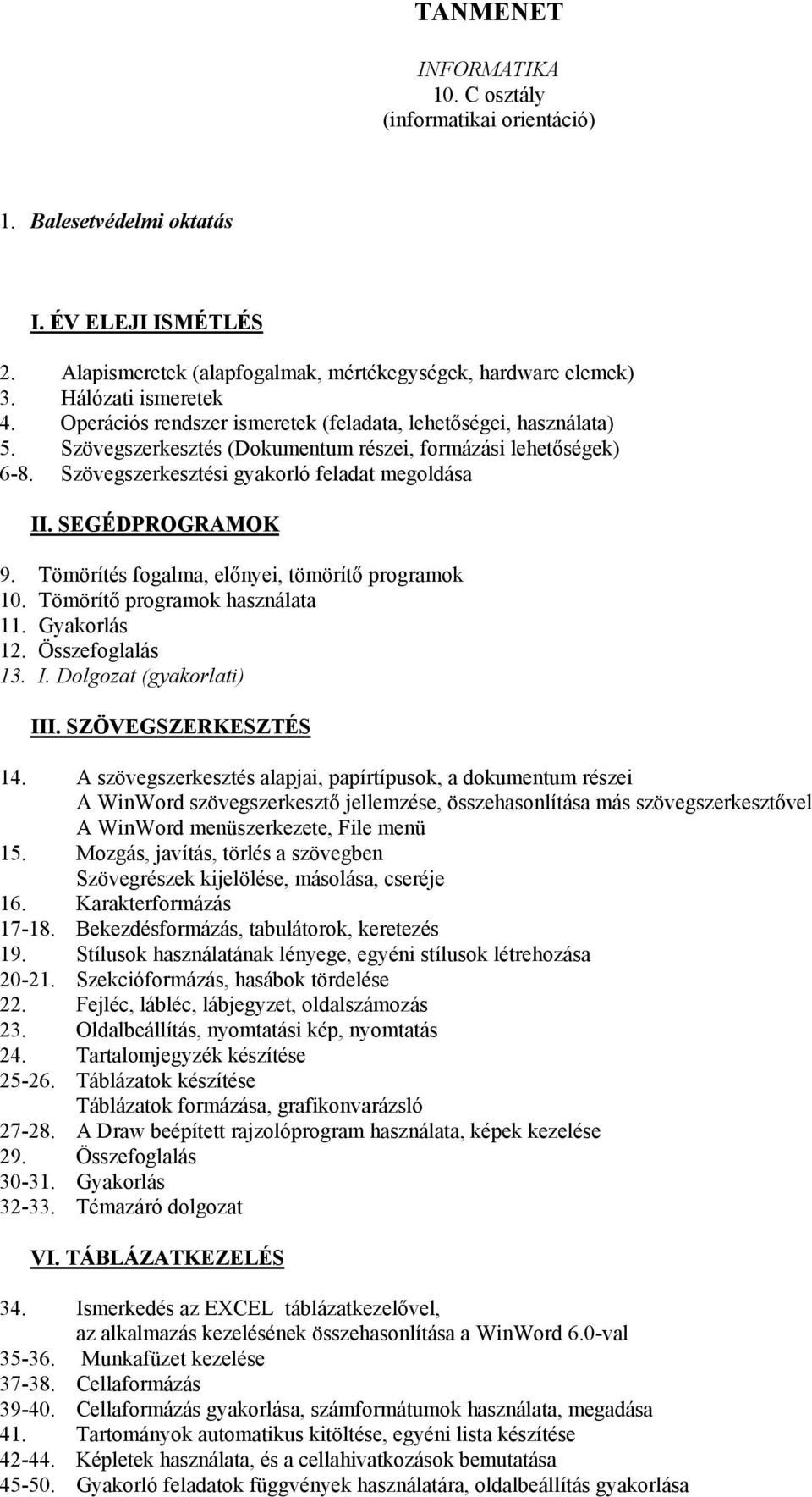 SEGÉDPROGRAMOK 9. Tömörítés fogalma, előnyei, tömörítő programok 10. Tömörítő programok használata 11. Gyakorlás 12. Összefoglalás 13. I. Dolgozat (gyakorlati) III. SZÖVEGSZERKESZTÉS 14.