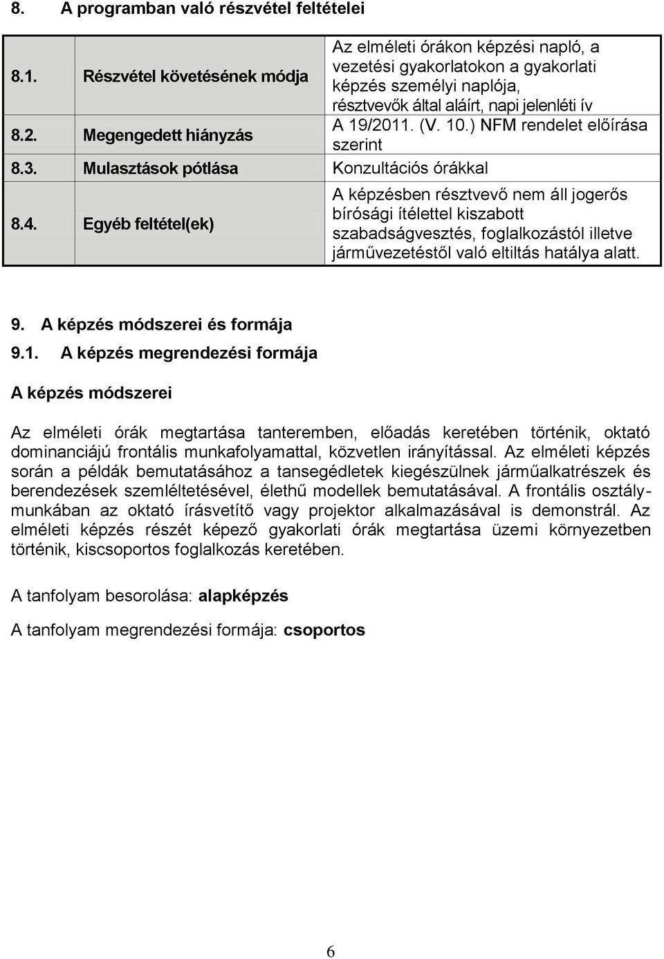 Megengedett hiányzás A 19/2011. (V. 10.) NFM rendelet előírása szerint 8.3. Mulasztások pótlása Konzultációs órákkal 8.4.