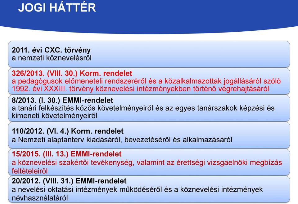 ) EMMI-rendelet a tanári felkészítés közös követelményeiről és az egyes tanárszakok képzési és kimeneti követelményeiről 110/2012. (VI. 4.) Korm.