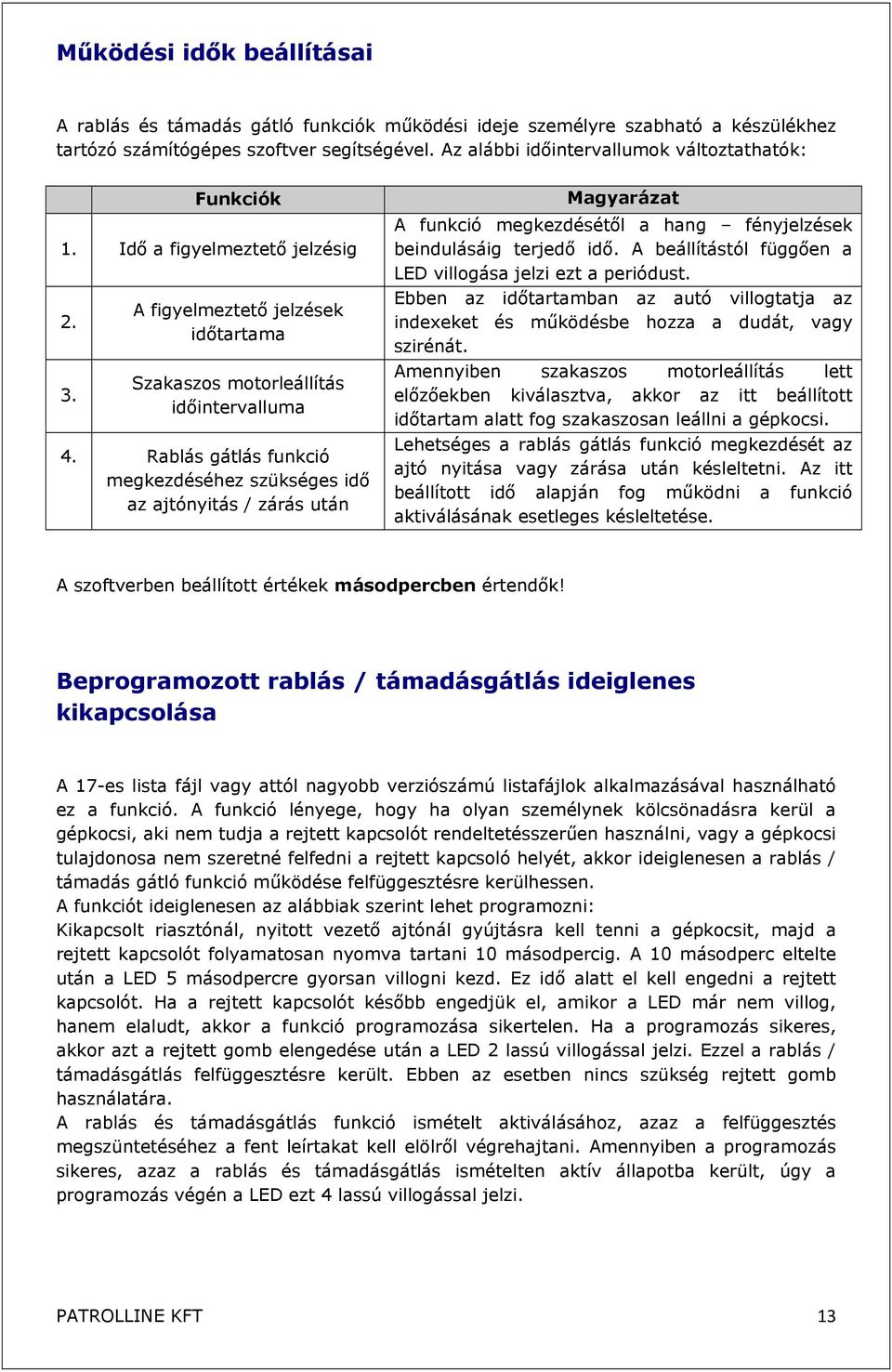 Rablás gátlás funkció megkezdéséhez szükséges idő az ajtónyitás / zárás után Magyarázat A funkció megkezdésétől a hang fényjelzések beindulásáig terjedő idő.