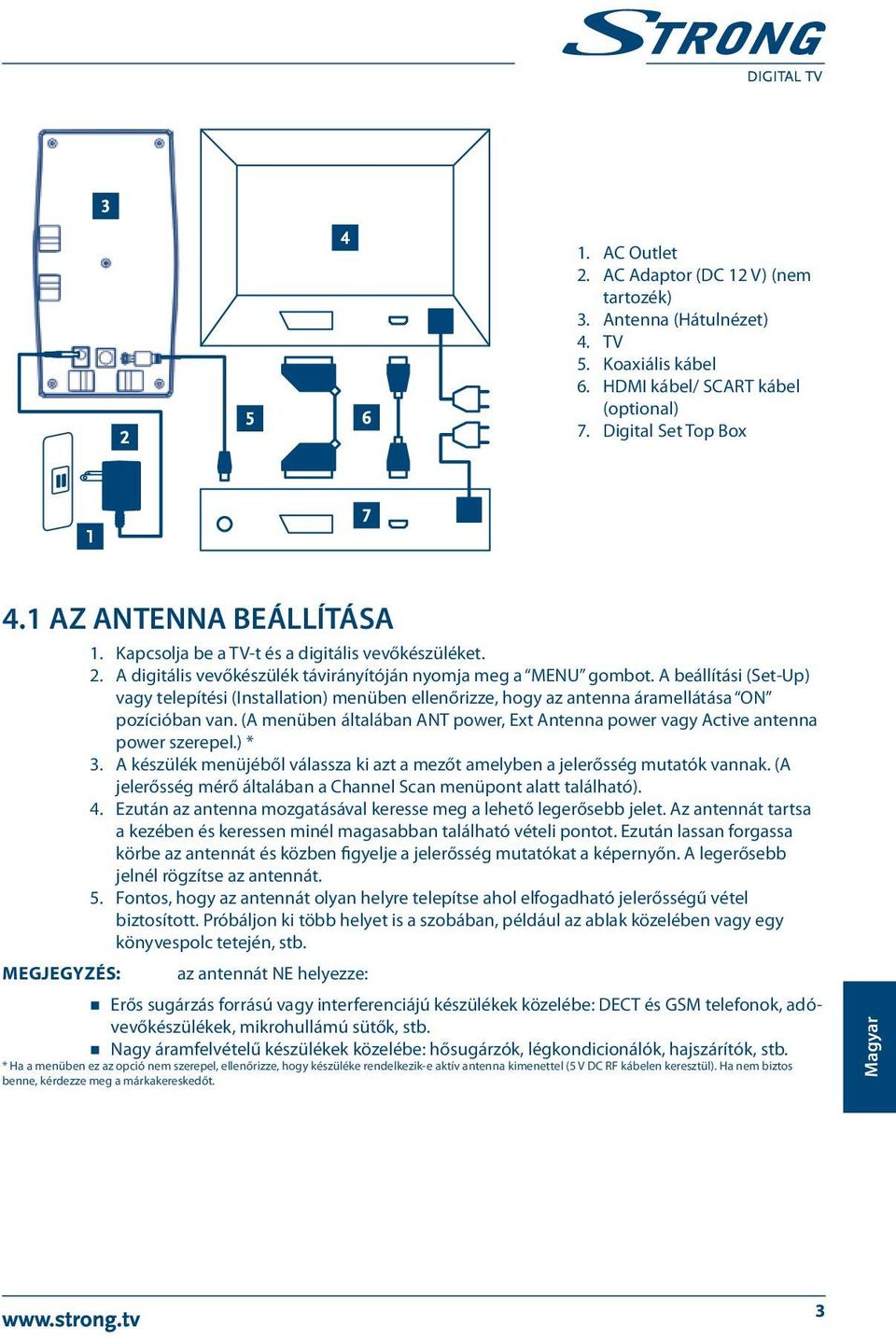 A beállítási (Set-Up) vagy telepítési (Installation) menüben ellenőrizze, hogy az antenna áramellátása ON pozícióban van.