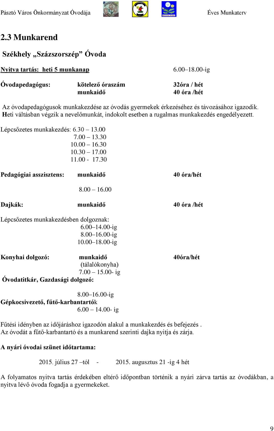 Heti váltásban végzik a nevelőmunkát, indokolt esetben a rugalmas munkakezdés engedélyezett. Lépcsőzetes munkakezdés: 6.30 13.00 7.00 13.30 10.00 16.30 10.30 17.00 11.00-17.